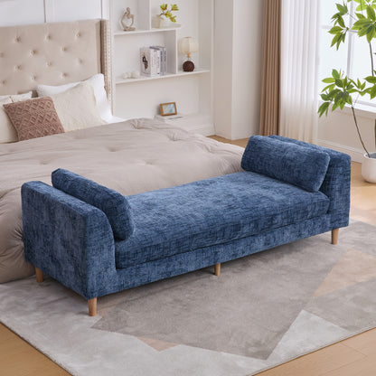 83.1'Wide Modern Upholstered End of Bed Bench with Armrests, Chenille Chaise Lounge Couch with 2 Bolster Pillows, Daybed with Rubberwood Legs For Living Room,Bedroom,Apartment,Guestroom, Blue