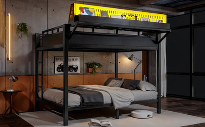 Queen over Queen Size Metal Bunk Bed with Storage Shelves and Pegboard, Bunk Bed Frame with USB Ports and LED Lights, Space-Saving, for Teens and Adults, Black