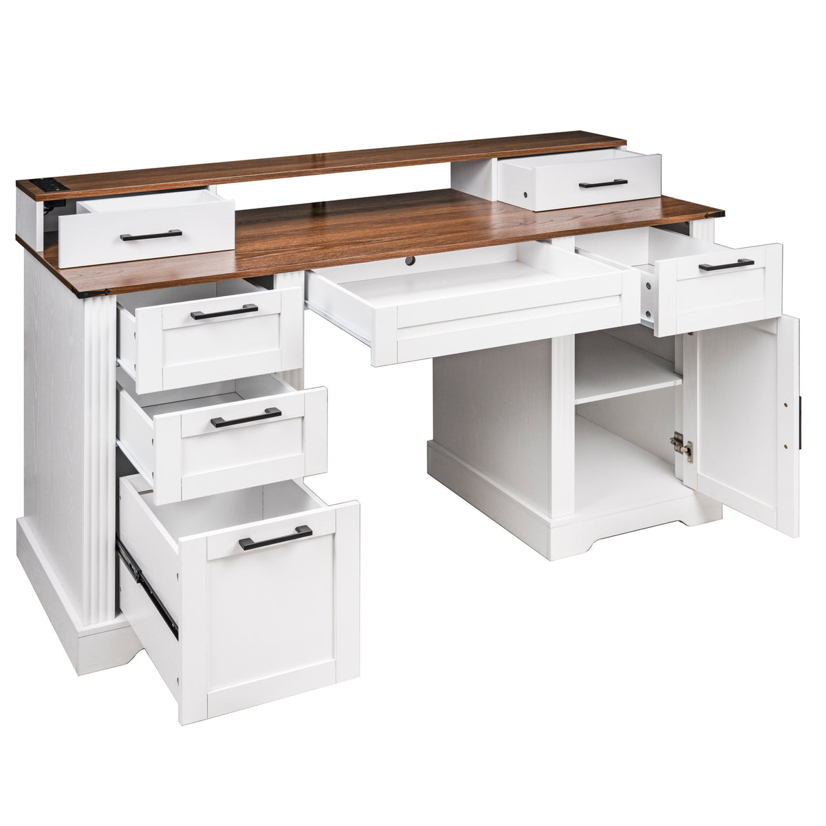 White Farmhouse Office Desk with Charging Station, Monitor Stand & Storage Cabinet, Barn Door Design, MDF, 59.5' L x 21' W x 35.8' H