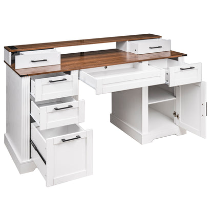 White Farmhouse Office Desk with Charging Station, Monitor Stand & Storage Cabinet, Barn Door Design, MDF, 59.5' L x 21' W x 35.8' H