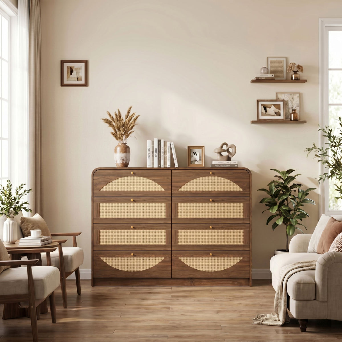 Walnut Finish 8‑Drawer Dresser with Rattan Front, Wide Particle Board Chest of Drawers, Modern Wooden Storage Cabinet