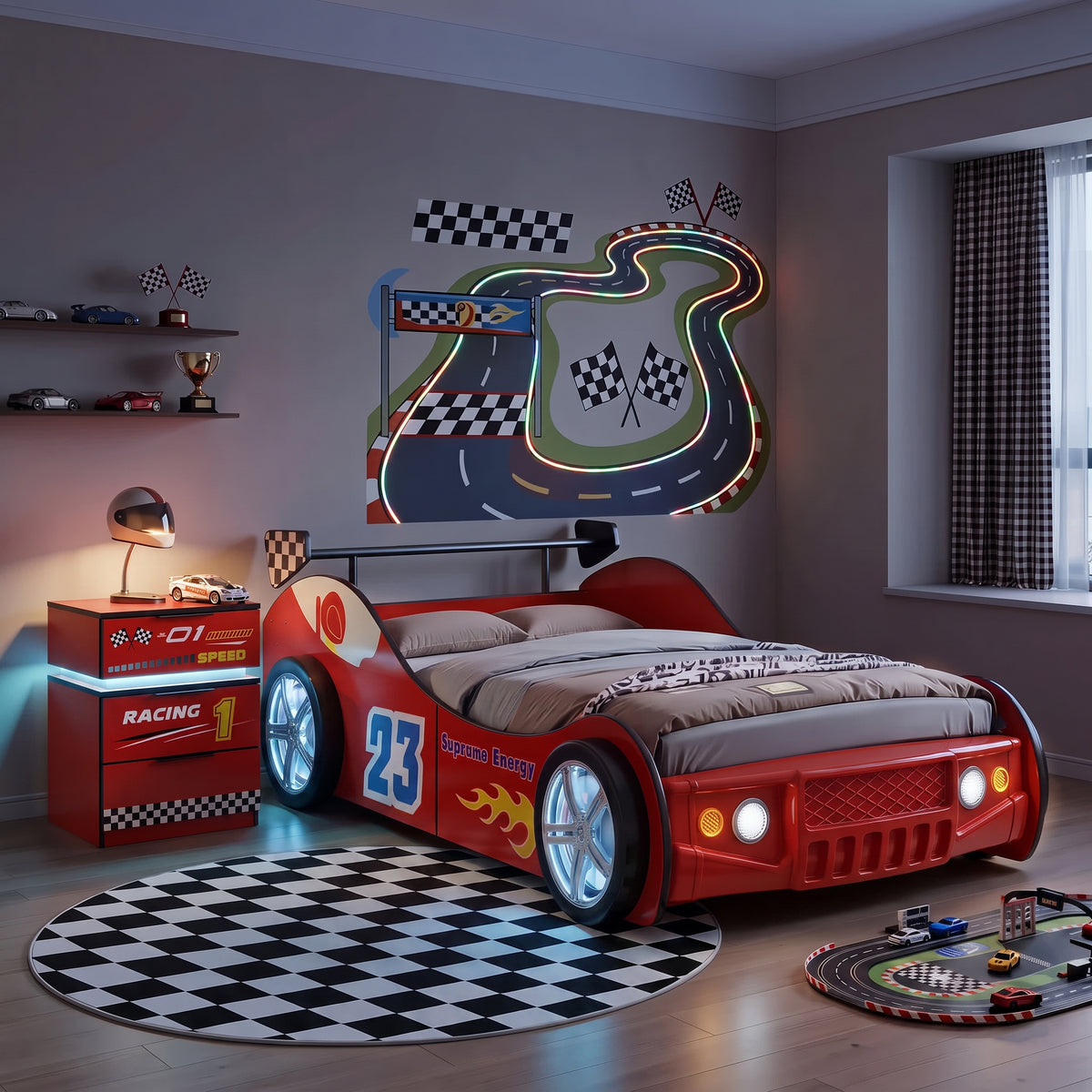 Kids Racing Car 3-Drawer Nightstand with Smart RGB LED Light, App/Remote/Music Sync Bedside Storage Cabinet, Fully KD