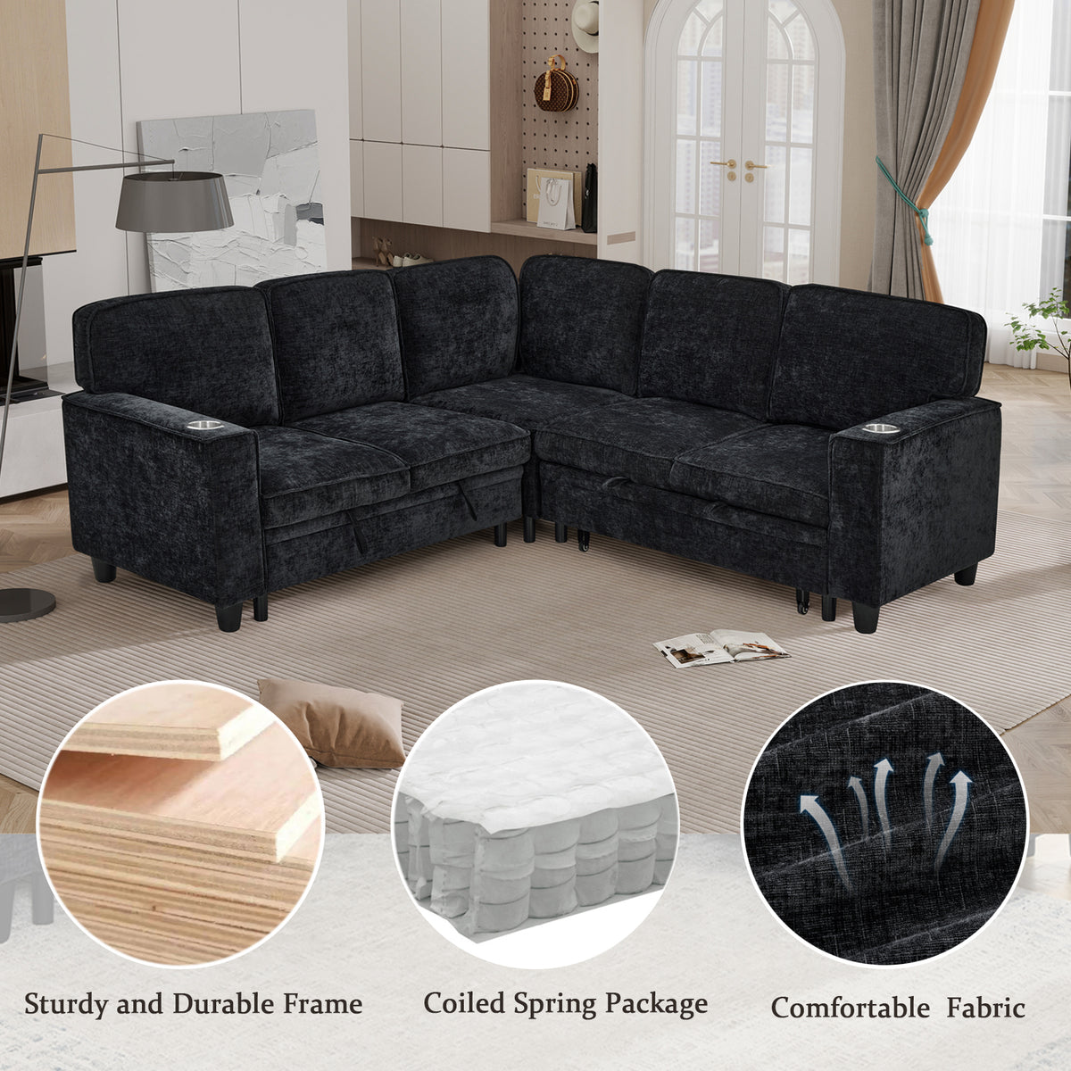 L-Shaped Sofa with Pull Out Sofa Bed, Sleeper Sofa Couch Bed with Storage Seat, 5 Seat Sectional Sofa Bed with USB, Sectional Sofa Couch