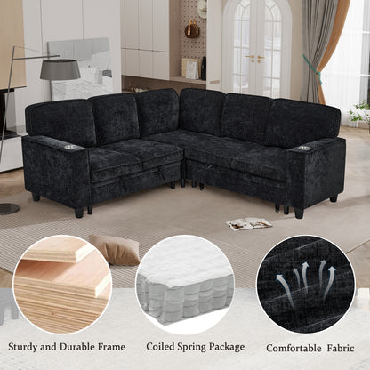 L-Shaped Sofa with Pull Out Sofa Bed, Sleeper Sofa Couch Bed with Storage Seat, 5 Seat Sectional Sofa Bed with USB, Sectional Sofa Couch