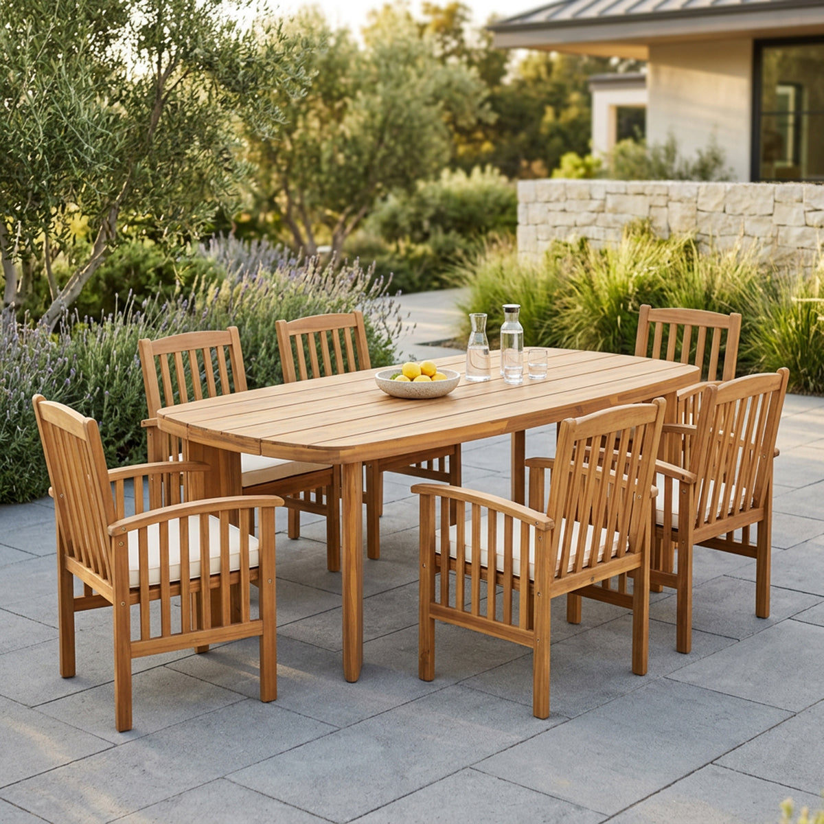 7‑Piece Acacia Wood Outdoor Dining Set, 71' Oval Teak Finish Wooden Table & 6 Brown Acacia Arm Chairs with Cream Waterproof Fabric Cushions, Patio Dining Furniture for Backyard Garden
