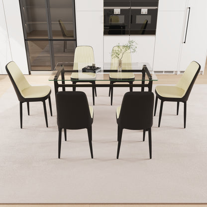 51' 6 person glass dining table set, kitchen set with black metal leg dining table and chairs, modern rectangular tempered glass tabletop and dining room thick cushioned PU dining chair