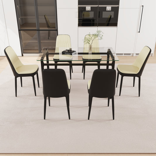 51' 6 person glass dining table set, kitchen set with black metal leg dining table and chairs, modern rectangular tempered glass tabletop and dining room thick cushioned PU dining chair