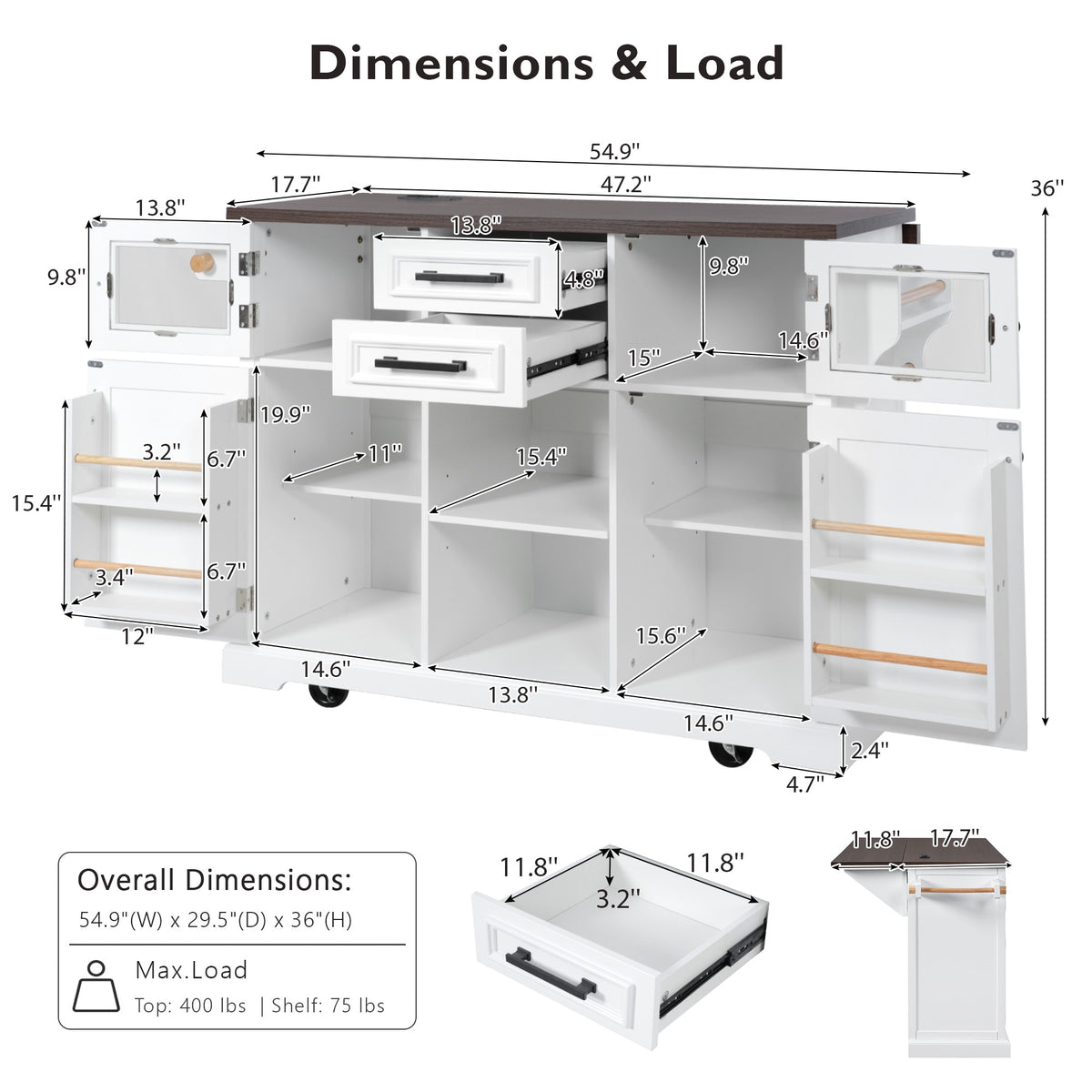 K&K 54.9" Kitchen Island with Drop Leaf, Power Outlet, Kitchen Storage Cart with 4 Door Shelves, Cross Barn Doors & Visual Glass Door – White