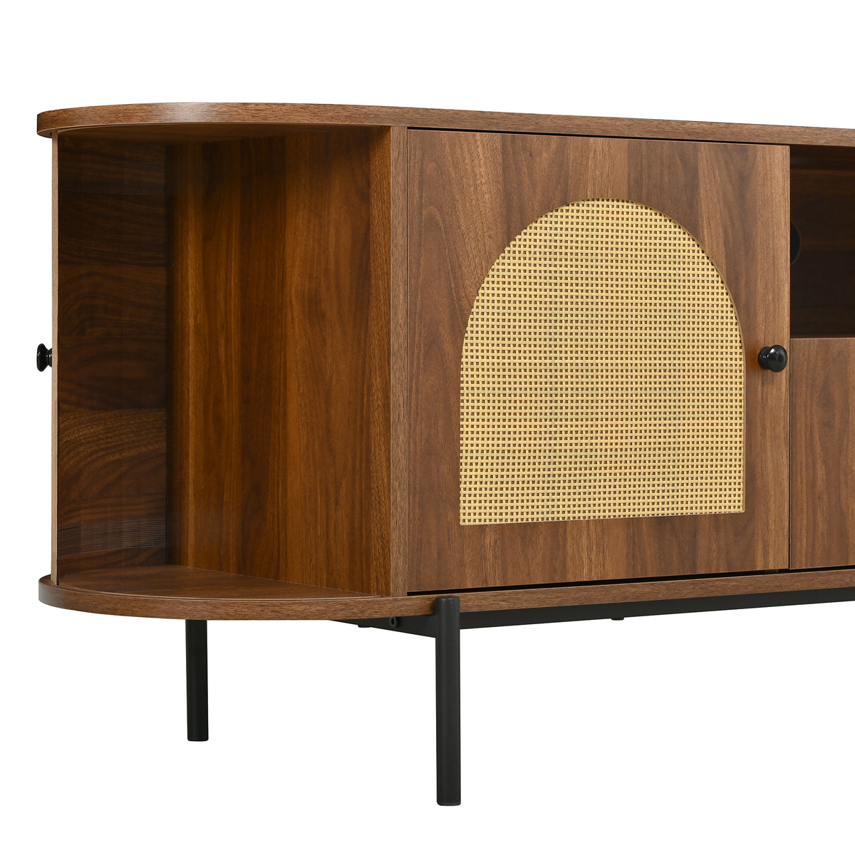 U-Can American Style TV Stand with Rattan Arched Doors, Drawers, Hidden Storage, Steel Legs, Rounded Corners