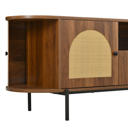 U-Can American Style TV Stand with Rattan Arched Doors, Drawers, Hidden Storage, Steel Legs, Rounded Corners