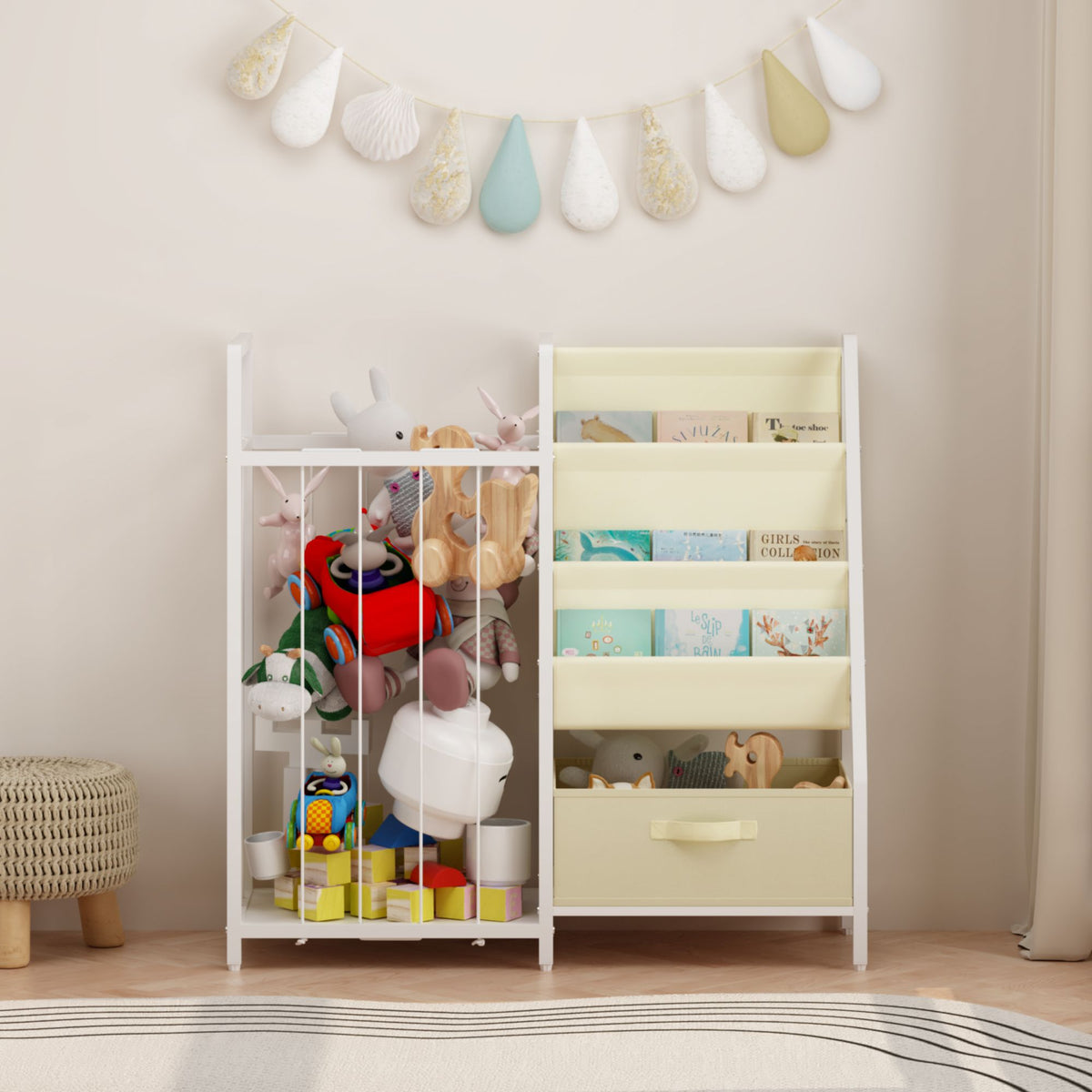 Kids Bookshelf and Toy Storage Organizer, Dual-Sided Children Bookshelf with Figure Display Storage and Book Sling Pockets, Toy Organizer for Playroom, Bedroom and Nursery