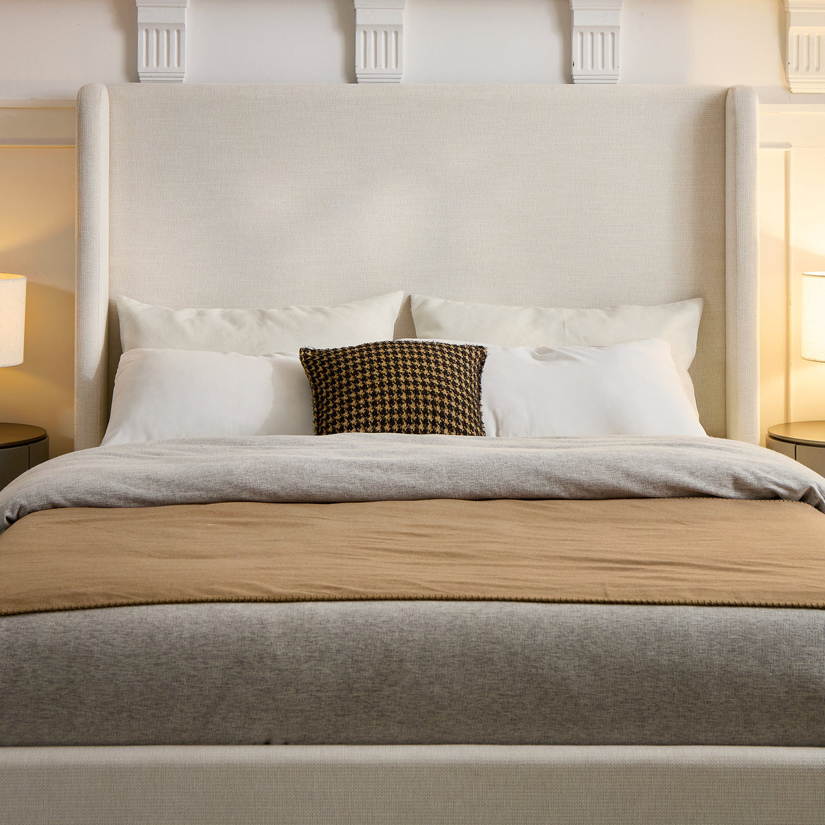 Carmen Upholstered Wingback Bed / Upholstered Platform Bed Frame / 54" High Headboard / Simplicity / Minimalist / No Box Spring Needed / Easy Assembly / Queen/ Textured Ivory Canvas / No Noise