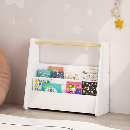 Kids Bookshelf with Wooden Handle, 2-Tier Front-Facing Toddler Bookcase, Portable Children's Book Storage Organizer, or Classroom, White