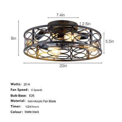 20 Inch Low Profile Caged Flush Mount Ceiling Fan with Light, Hollow Floral Metal Enclosed Fan, 6‑Speed Reversible Motor with Remote Control, Farmhouse Fan for Bedroom Kitchen Hallway Indoor