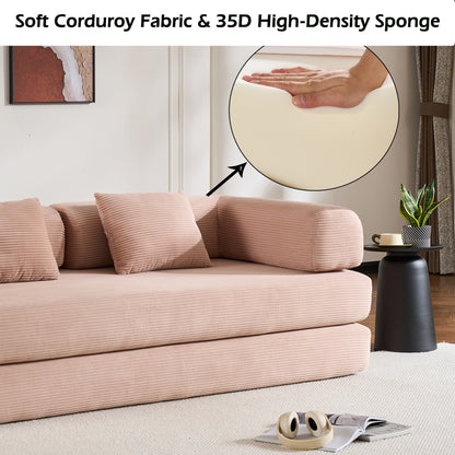 Convertible Sleeper Sofa Bed with Cylindrical Pillow, Corduroy Folding Mattress Couch with Fixed-Shape Frame, Floor Sofa Lounge Couch - Pink