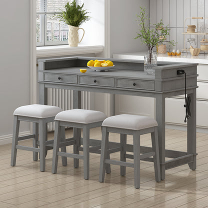 TREXM 4-Piece Dining Table Set for 3, Retro Kitchen Table and Chairs Set with 3 Storage Drawers, Ideal - Light Grey