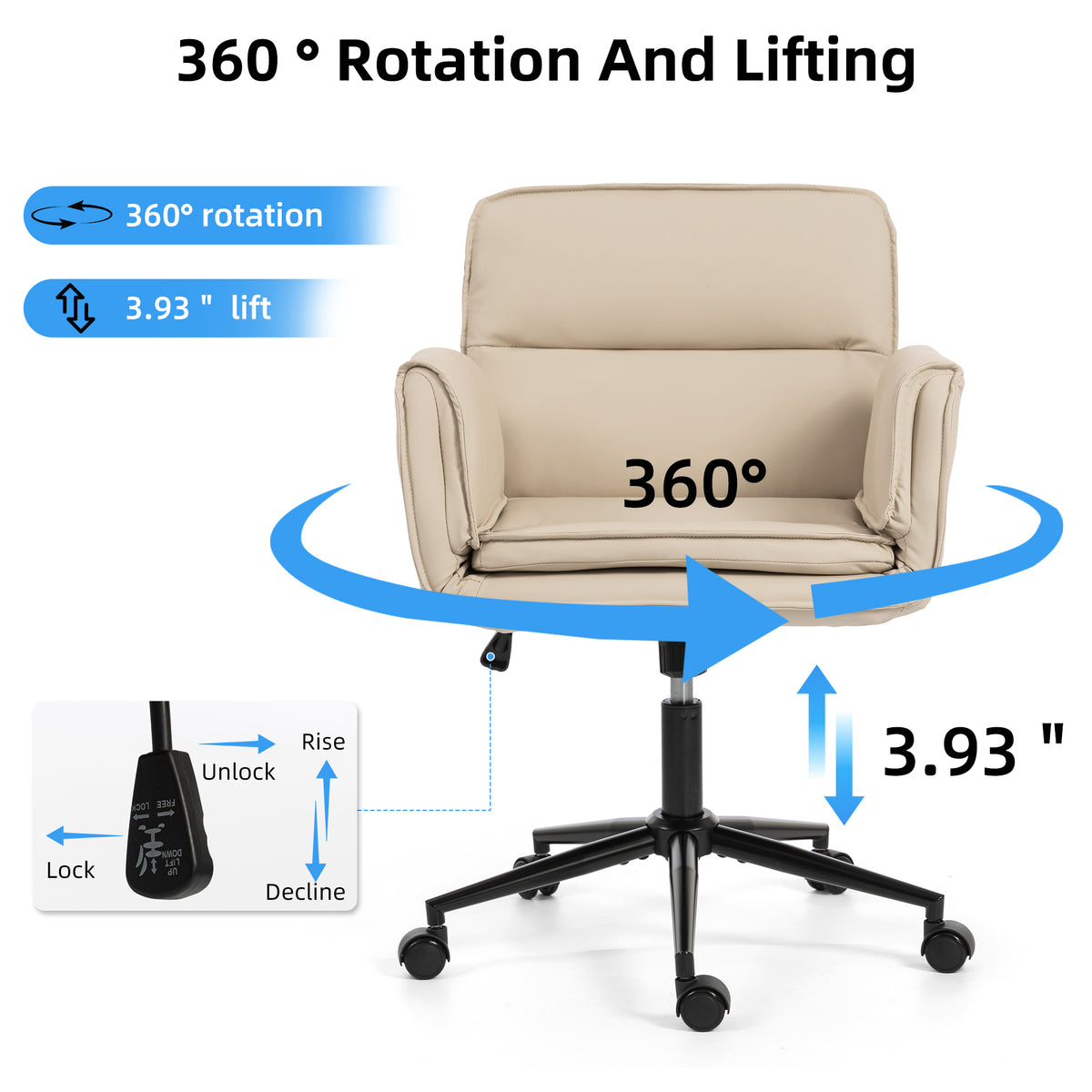 Criss Cross Chair with 5-Gear Adjustable Armrests & Wheels, Ergonomic Thickened Backrest Swivel Desk Chair for Home Office, Vanity, Bedroom and Living Room, Beige Pu
