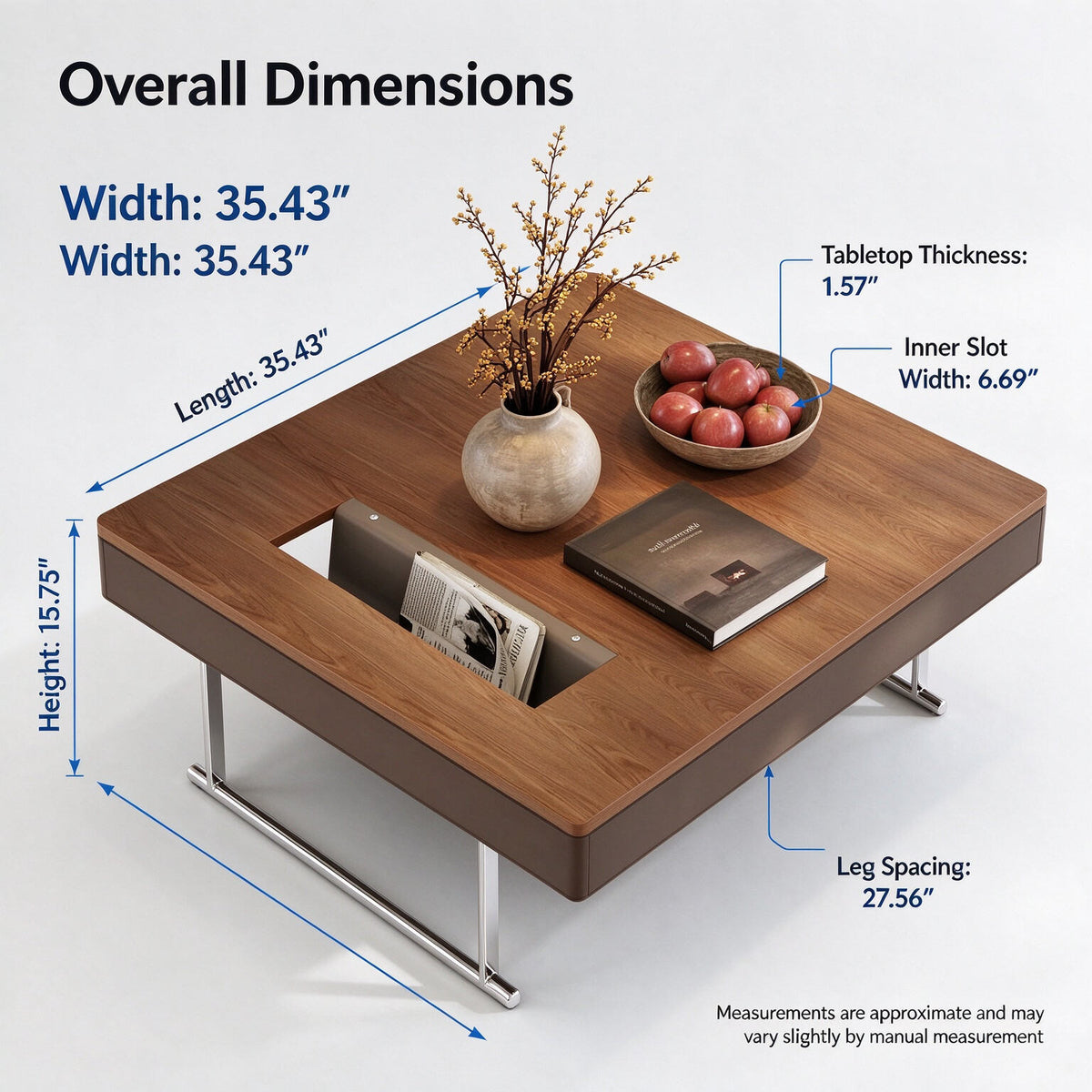 35.43" Square Walnut Coffee Table with Thickened Tabletop, Saddle Leather-Wrapped Edge and Polished Stainless Steel Base, Modern Cocktail Table for Living Room