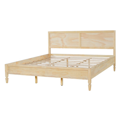 King Size Wood Platform Bed Frame with Classic Panel Headboard, Natural Finish, Solid Wood and MDF Construction, 10 Wooden Slats, No Box Spring Needed
