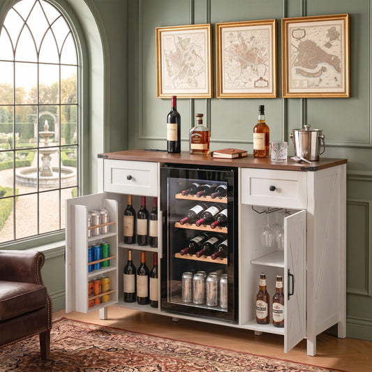 K&K 53.2" Farmhouse Fridge Cabinet with Power Outlet, Coffee Bar Cabinet with Storage, Mini Fridge Wine Cabinet with 2 Doors and 2 Drawers, Sideboard with Barn Doors for Living Room, Kitchen White