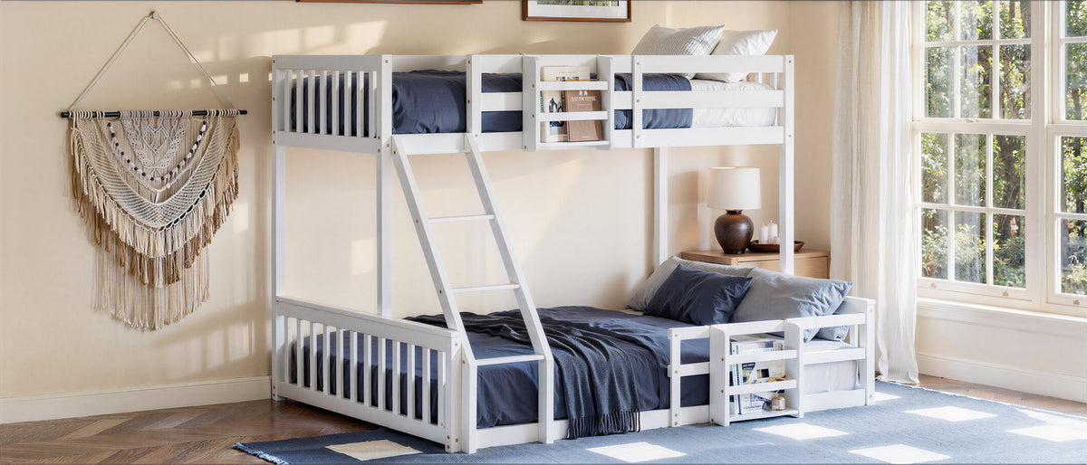 Twin Over Full Floor Bunk Bed with Ladder and Bookshelf, Space-Saving, Noise-Free, No Box Spring Needed,White