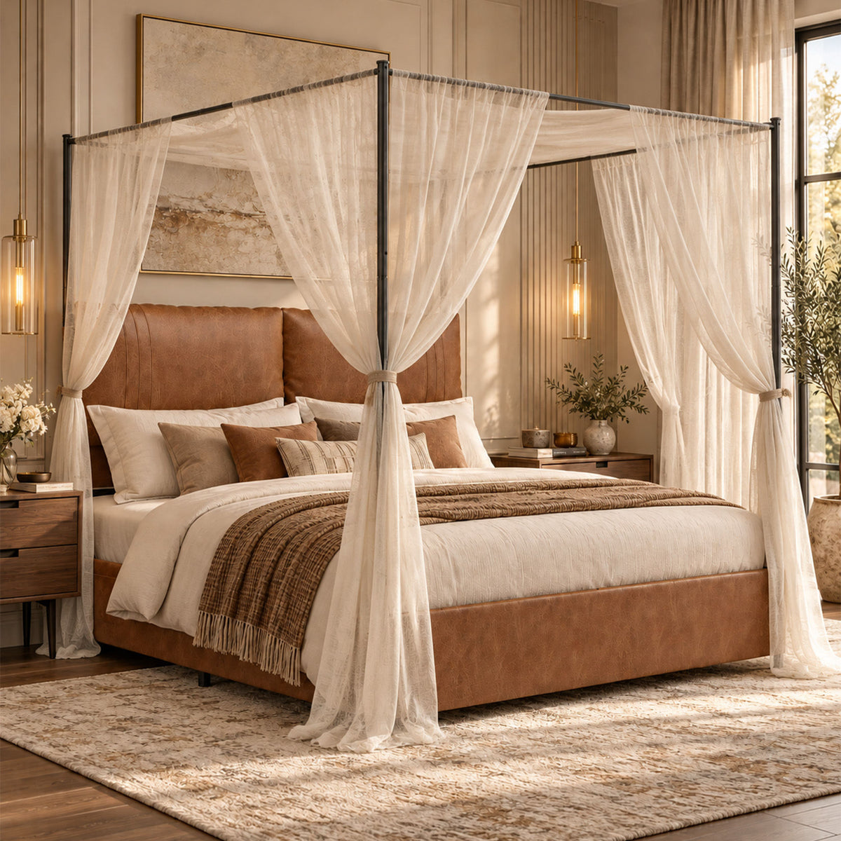 Queen Canopy Bed Frame,  Faux Leather Upholstered Bed with Metal Frame, Four Poster Platform Bed, No Box Spring Needed, Rustic Brown