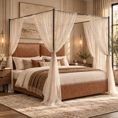 Queen Canopy Bed Frame,  Faux Leather Upholstered Bed with Metal Frame, Four Poster Platform Bed, No Box Spring Needed, Rustic Brown