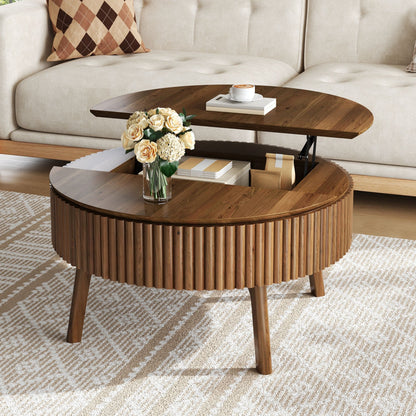 Modern Round Lift-Top Coffee Table with Half Flip-Top & Hidden Storage, Solid Wood Mid-Century Coffee Table with Fluted Design, 30.3' Walnut Space-Saving Center Table for Living Room