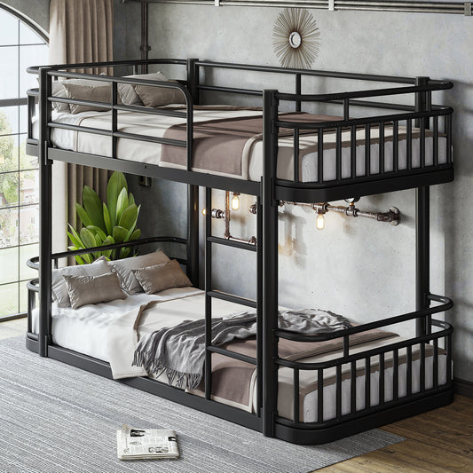 Twin XL over Twin XL Bunk Bed with Ladders & Guardrails, Upgraded Round-Pipe Metal Frame, Stylish & Versatile for Any Room, Teens & Adults,Black