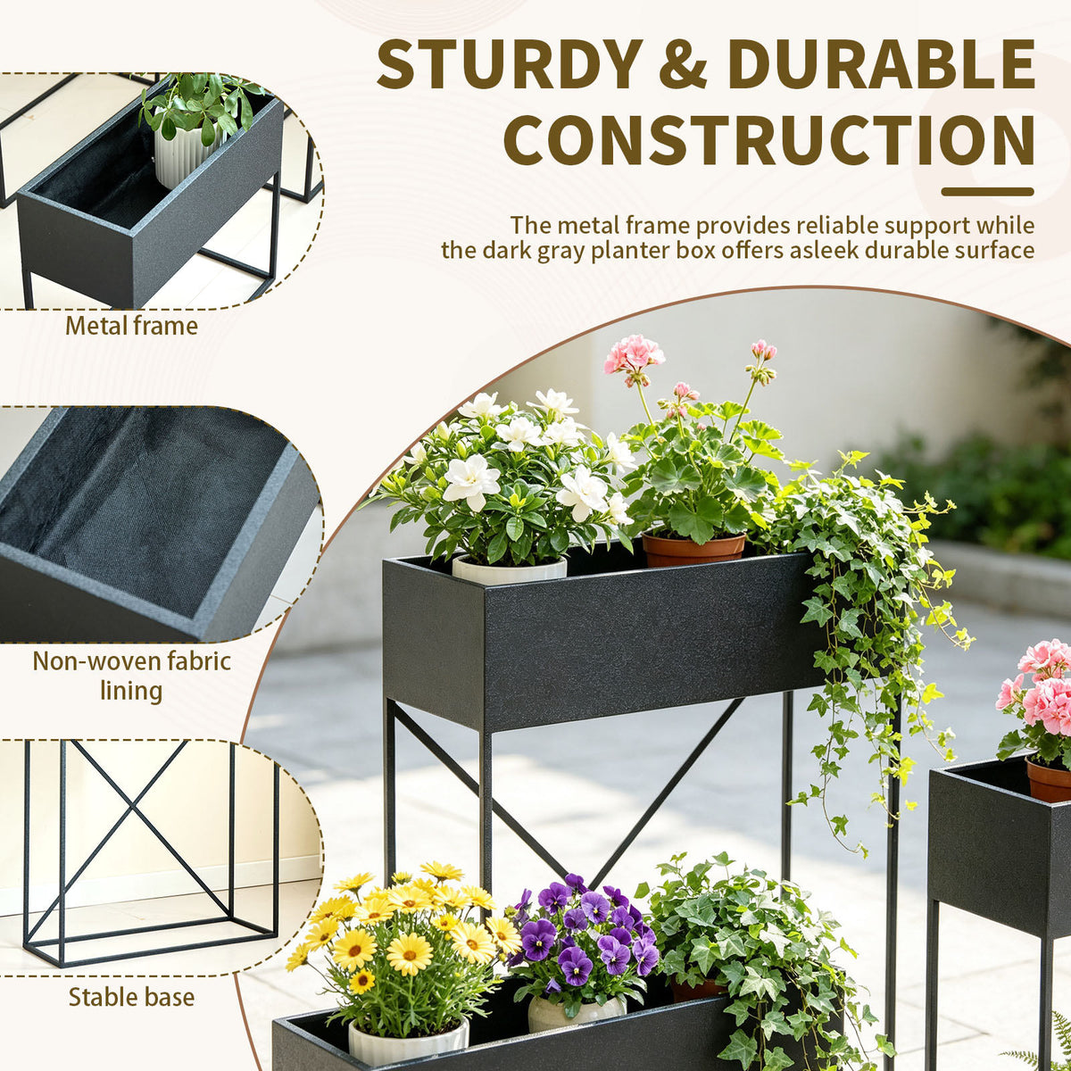 3‑Pack Pre‑Assembled Metal Raised Garden Bed Planter Stand with Non‑Woven Liner, UV‑Resistant Coated Elevated Flower Herb Planter Box, Modern Rectangular Plant Holder for Patio Balcony Backyard Indoor