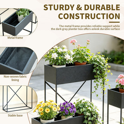 3‑Pack Pre‑Assembled Metal Raised Garden Bed Planter Stand with Non‑Woven Liner, UV‑Resistant Coated Elevated Flower Herb Planter Box, Modern Rectangular Plant Holder for Patio Balcony Backyard Indoor