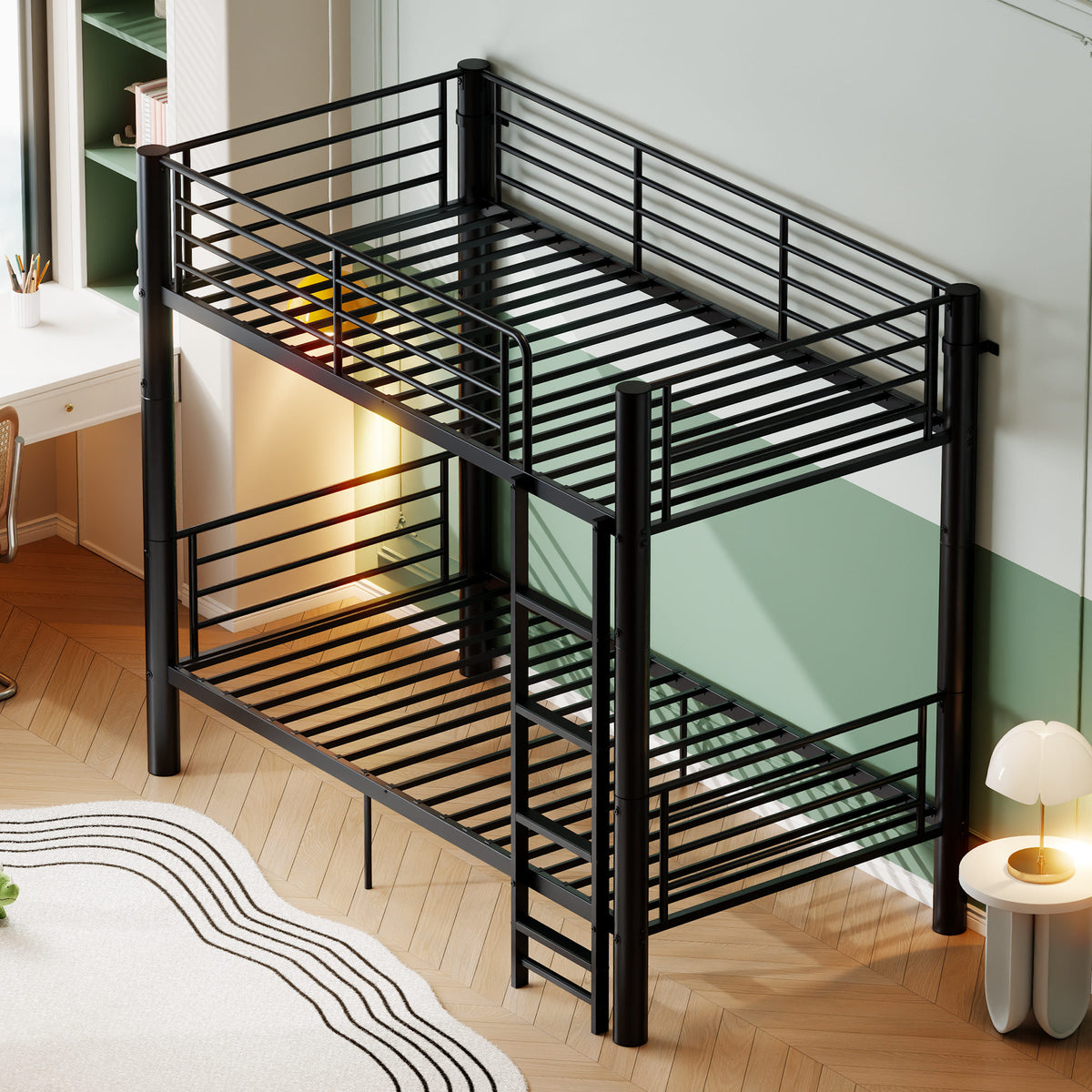 Metal Twin Over Twin Bunk Bed, Convertible into 2 Separate Twin Beds, 13.78" Full-Length Guardrails, Extra-Wide Ladder, Anti-Tip Brackets, Black Bunk Bed Frame for Kids, Teens & Adults