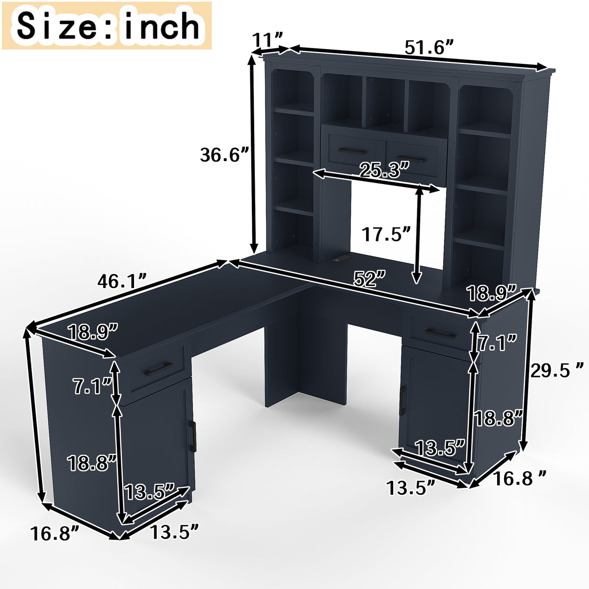 L-Shaped Computer Desk with 2 Cabinets and 2 Drawers, 11 Open Shelves and 1 Right Flip Shelf with Storage, with Power Outlet, Antique Blue