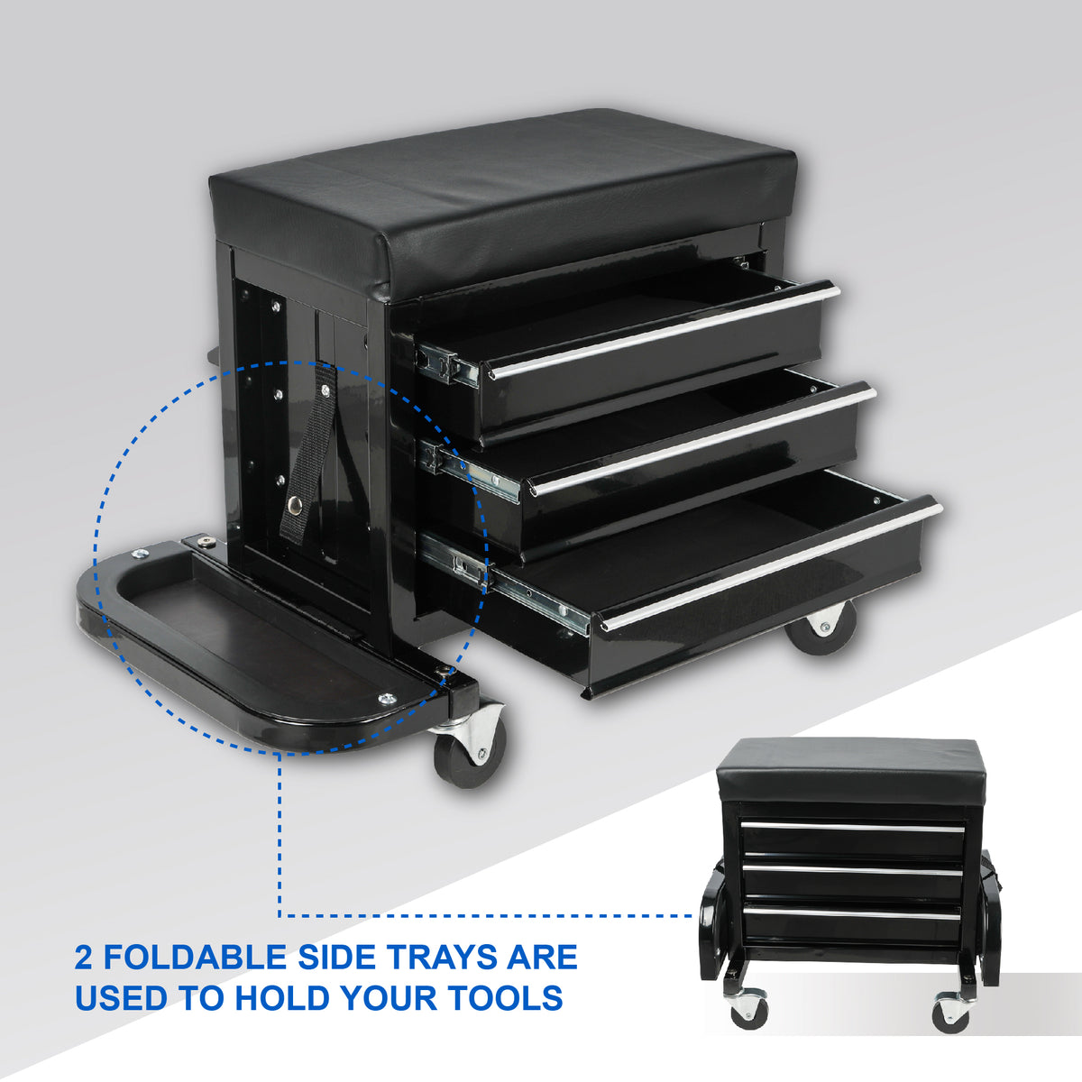 3-Drawer Tool Chest Rolling Mechanic Seat with Tool Trays, 350lbs Max Weight Capacity, Black