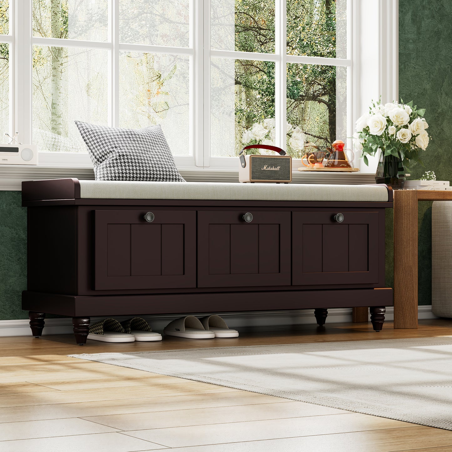 TREXM Classic Shoe Bench with Cushion and Three Drawers, Fluted Entryway Bench with Storage for Living Room, Entryway, and Hallways (Espresso, OLD SKU:N715P207812P )