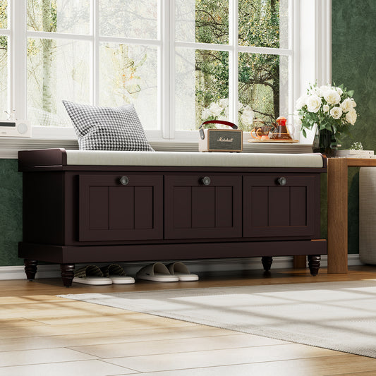 TREXM Classic Shoe Bench with Cushion and Three Drawers, Fluted Entryway Bench with Storage for Living Room, Entryway, and Hallways (Espresso, OLD SKU:N715P207812P )