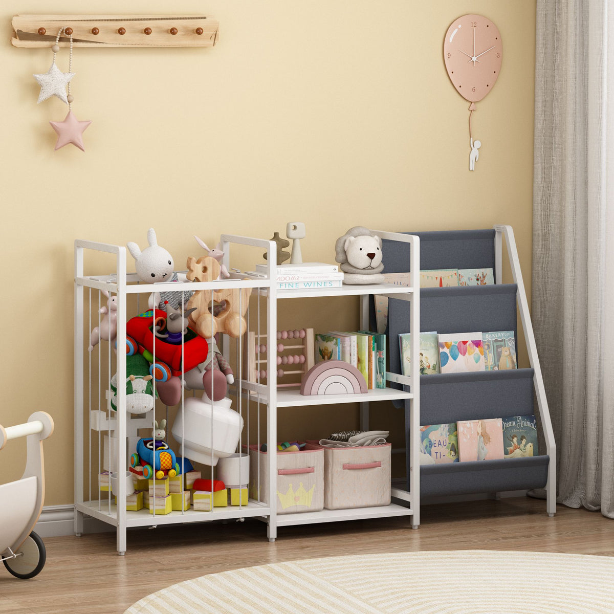 Kids Bookshelf and Toy Storage, 3-in-1 Book Shelf for Kids Rooms, Sling Baby Bookcase with Stuffed Animal Storage, Toddler Montessori Bookshelf for Nursery, Playroom, Kindergarten, Gray