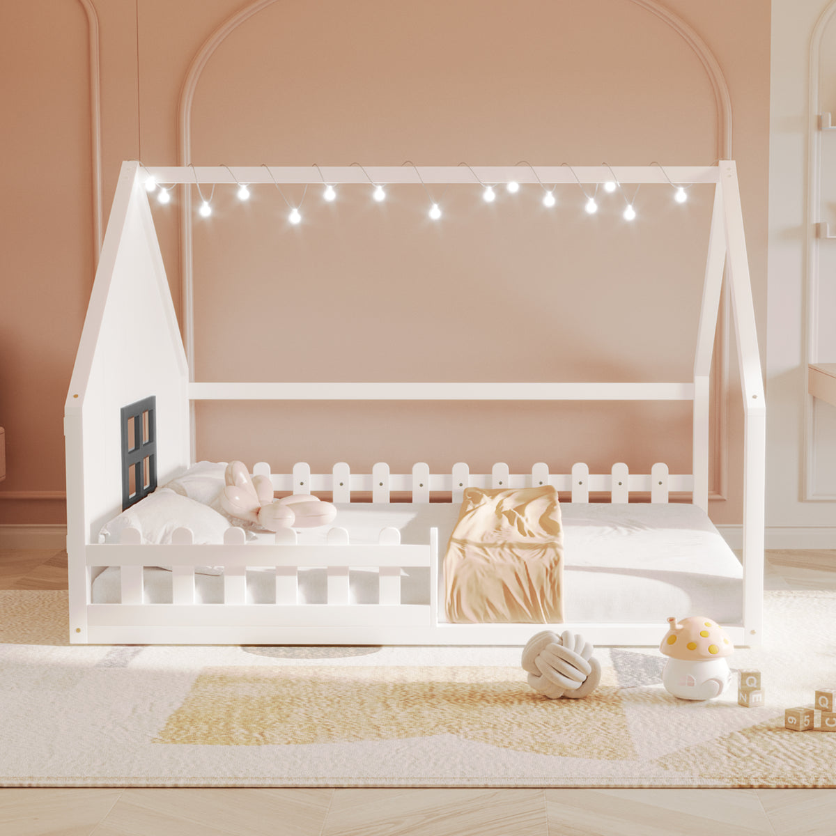 Full Size Wood House Bed with Window and Fence, White (Old SKU: WF304147AAK)