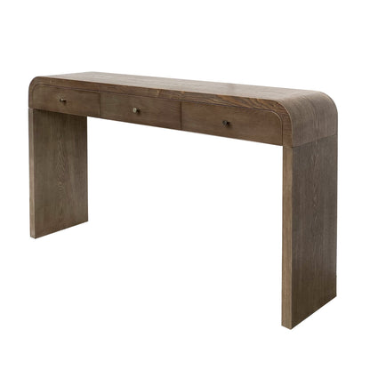 Dark Brown Curved Design 3-Drawer Long Console Table,  Entryway Sofa Table with Gold Pull Handles, Storage Accent Table for Living Room Hallway Foyer