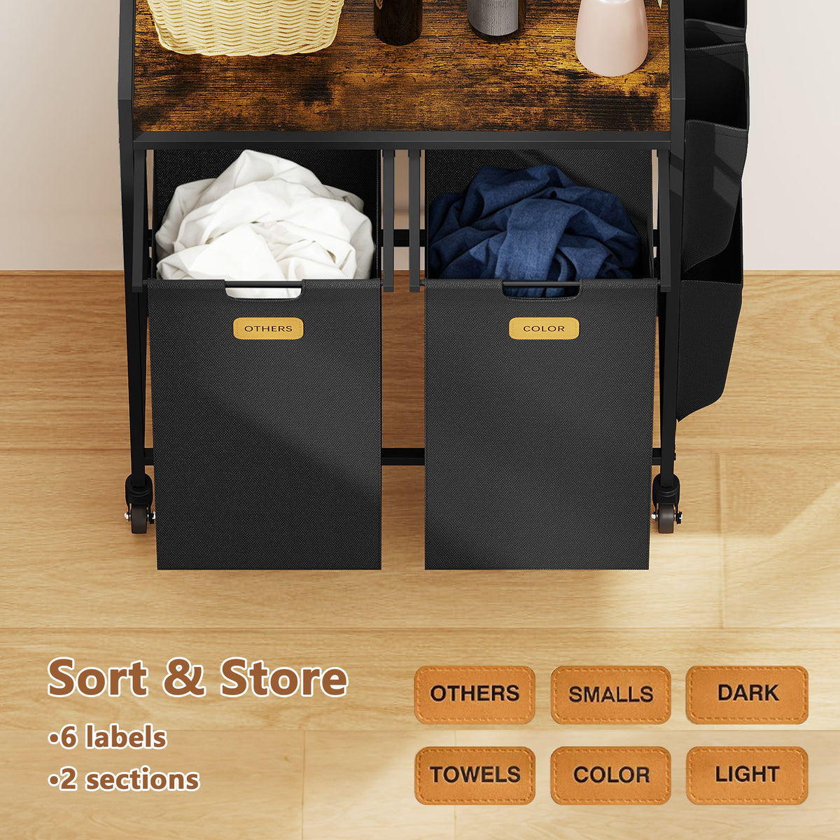 2 Section Laundry Hamper, Laundry Sorter with Wheels, Laundry Basket Organizer with Shelf & 2 Pull-Out Removable Bags, Dirty Clothes Hamper Organizer for Laundry Room Bathroom Dorm ,26.4 gallons(100L)