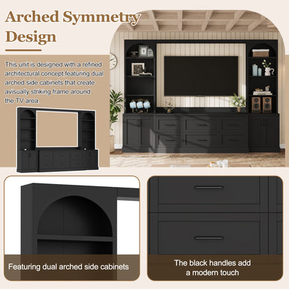 Modern Arched Entertainment Center Wall Unit with 6 Drawers, Farmhouse Large TV Stand with Bookshelves for TVs Up to 70', All-in-One Media Console with Adjustable Shelves for Living Room, Black