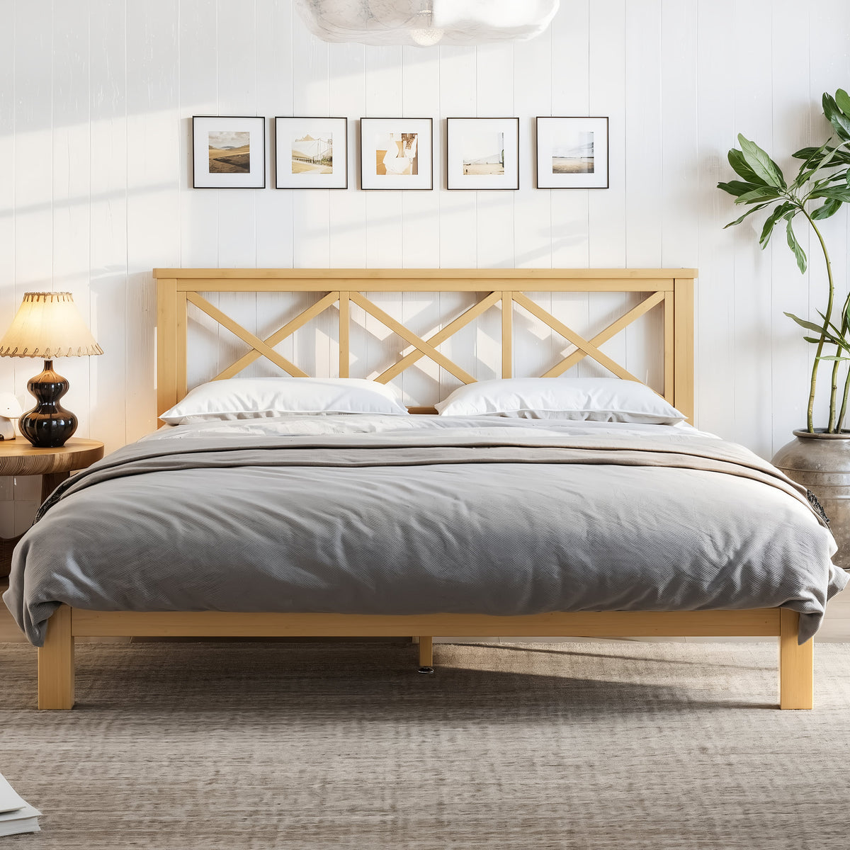 Queen Platform Bed with ''X'' Design Headboard, Bamboo-made Bed Frame Queen Size with Suppport Slats, Mid-century Style, Natural
