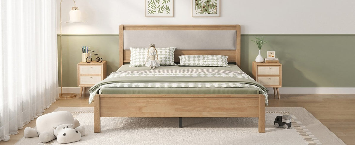 Queen Size, Solid Rubber Wooden Bed with Upholstered Headboard, Reinforced by Central Support Legs,Natural