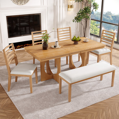 TREXM Extendable Wood Dining Table Set for 6,60'-72' Rectangular Table with Removable Leaf,4 Ladder Back Chairs & 48' Upholstered Bench,Complete Kitchen Dining Room Furniture (Natural Wood Wash+Beige)
