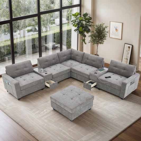 [NEW SKU of N723S0191E]104'' Sectional Sofa with Movable Ottoman, L-shaped Tufted Sofa with Storage Consoles, USB Charger