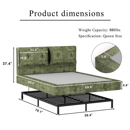 AirFrame Upholstered Bed Frame, a low, cloud-style bed frame with a double-layered upholstered headboard, 360° soft foam edging, and a metal base; easy to assemble; Queen size, Green