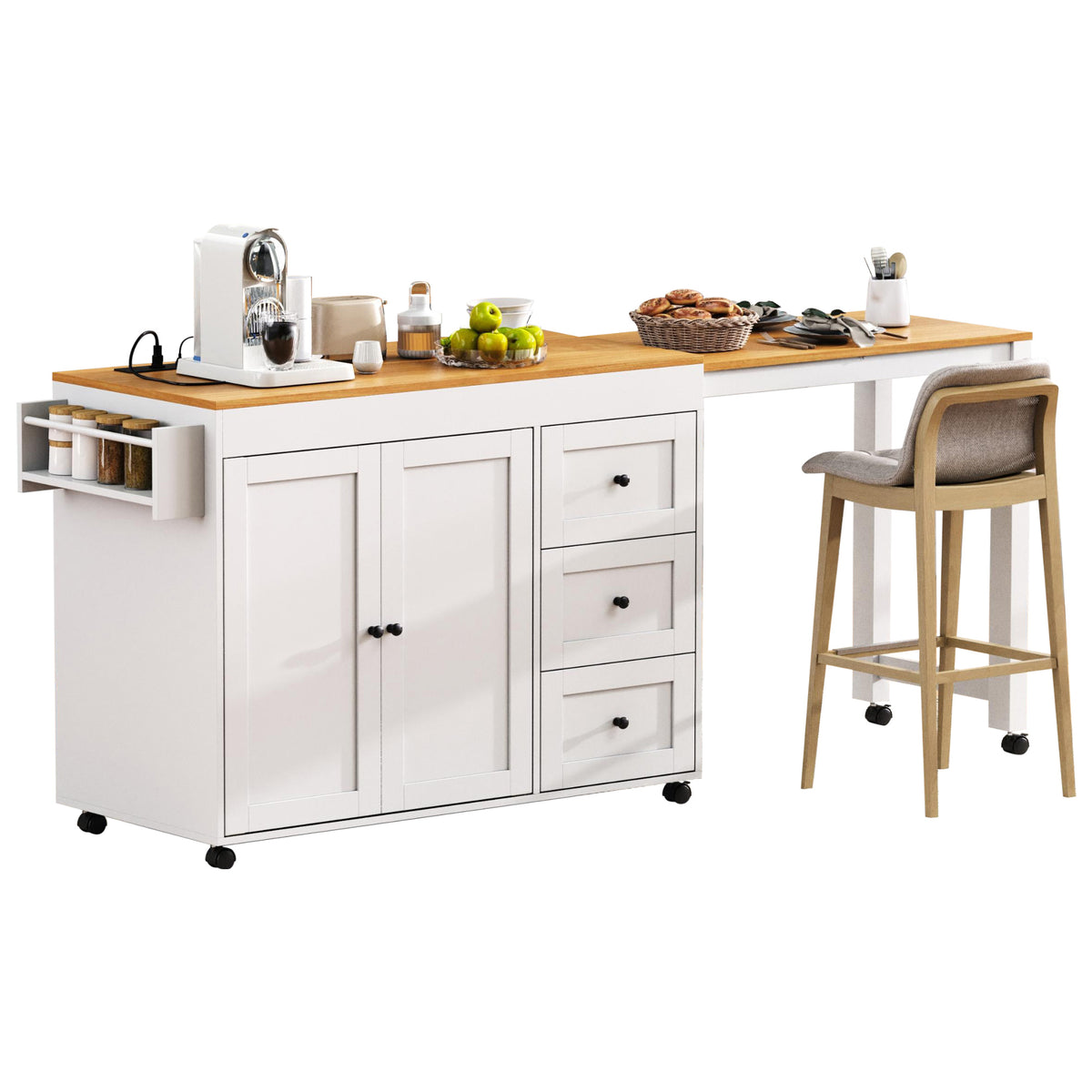 K&K 74.8" Kitchen Island with Extendable Dining Table, Kitchen Storage Cart with 3 Drawers, Power Outlet