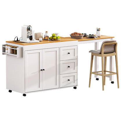 K&K 74.8" Kitchen Island with Extendable Dining Table, Kitchen Storage Cart with 3 Drawers, Power Outlet