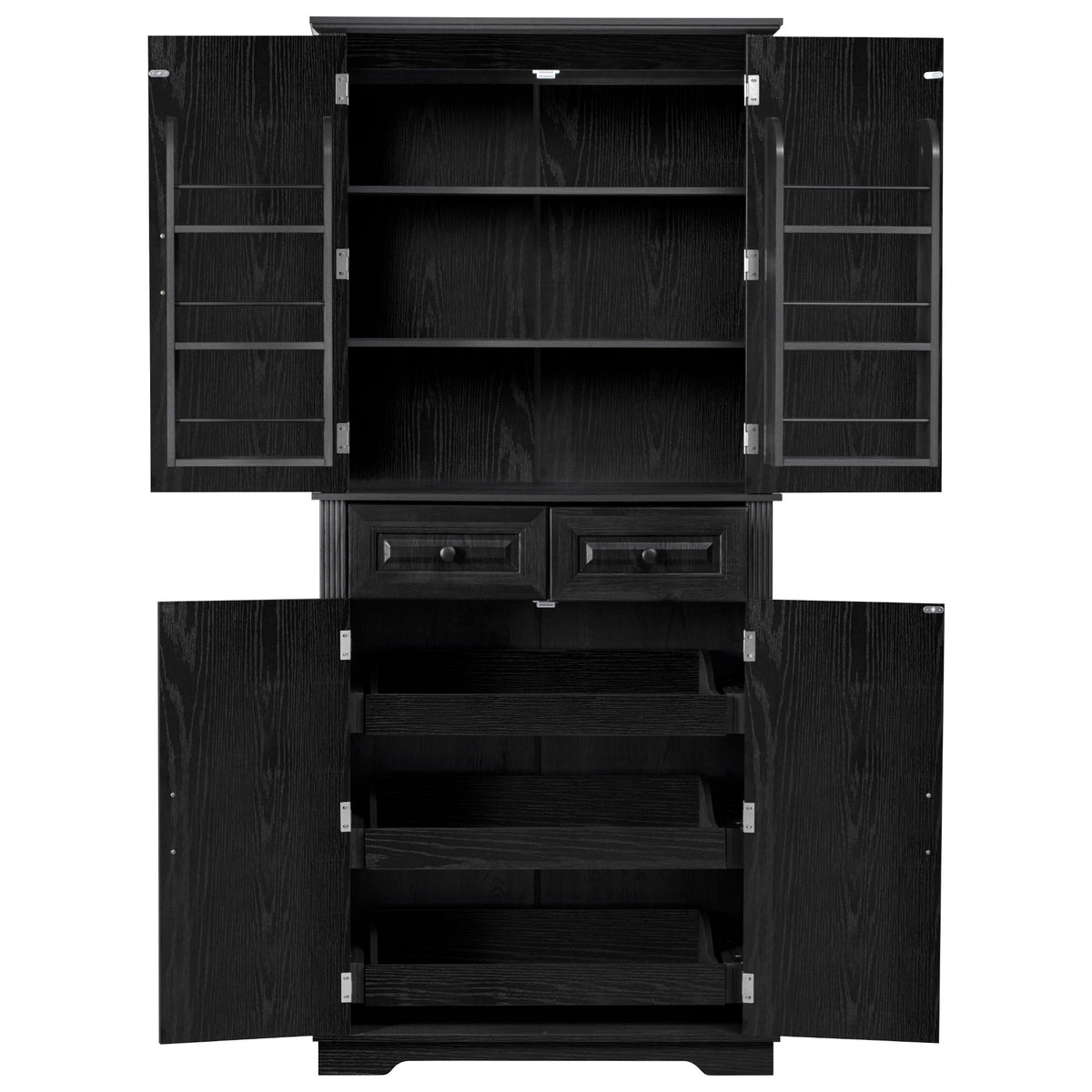 K&K 71" Tall Kitchen Pantry Cabinet with 3 Pull Out Cabinet Organizers, Farmhouse Embossed Texture Storage Cabinet with 6 Door Shelves – Black