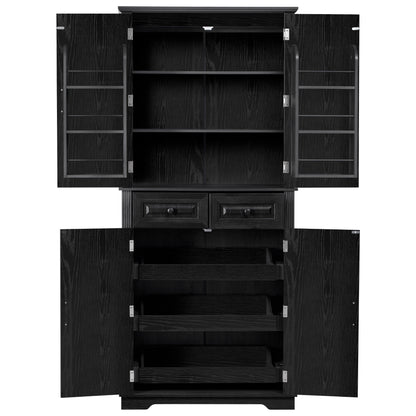 K&K 71" Tall Kitchen Pantry Cabinet with 3 Pull Out Cabinet Organizers, Farmhouse Embossed Texture Storage Cabinet with 6 Door Shelves – Black